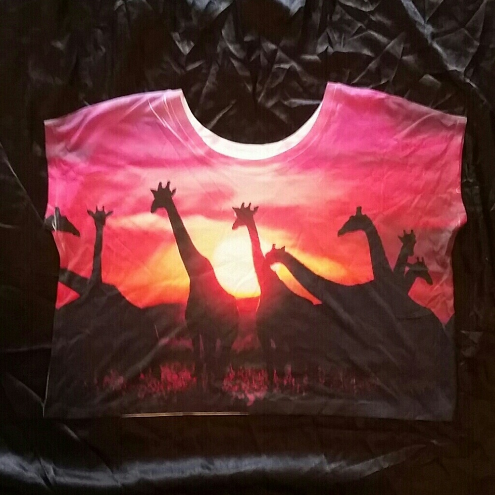 Loose boxy oversized off shoulder sunset giraffes shirt top